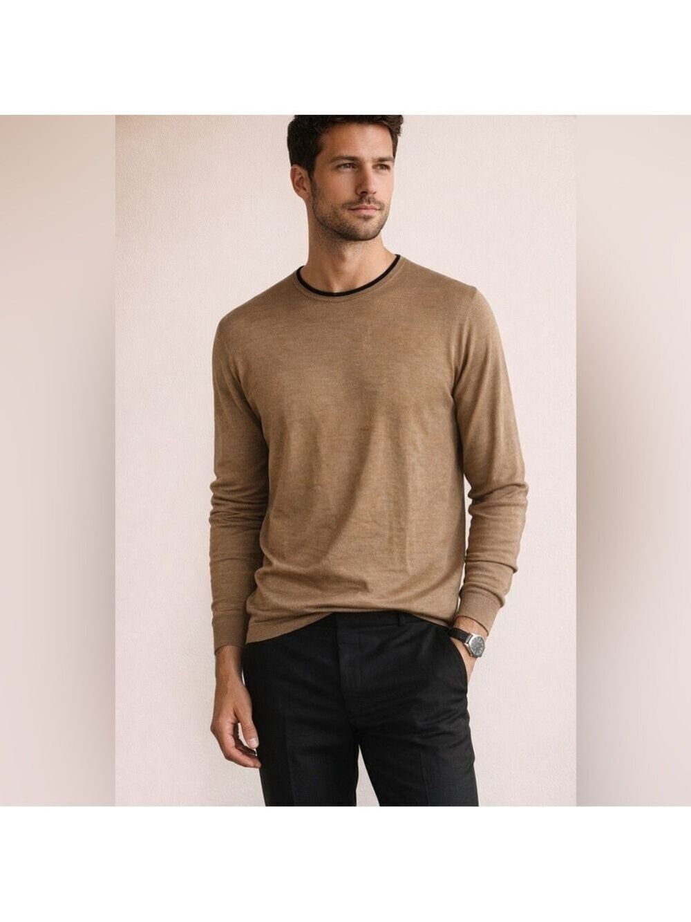 4 YOU 100% Silk Sweater Men’s Large Brown Scandinavian Minimalist Lightweight